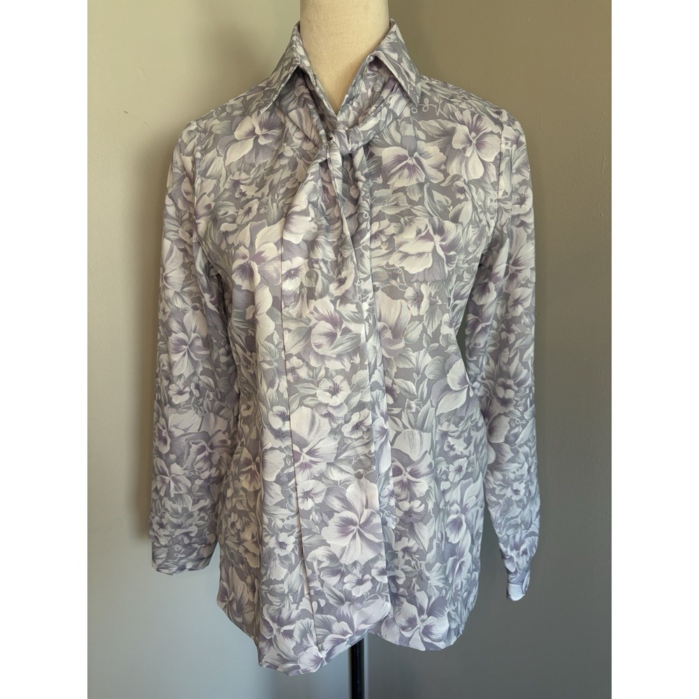 VTG 70s Alex Colman Floral Tie Neck Blouse Dagger Collar Gray Purple Top Medium